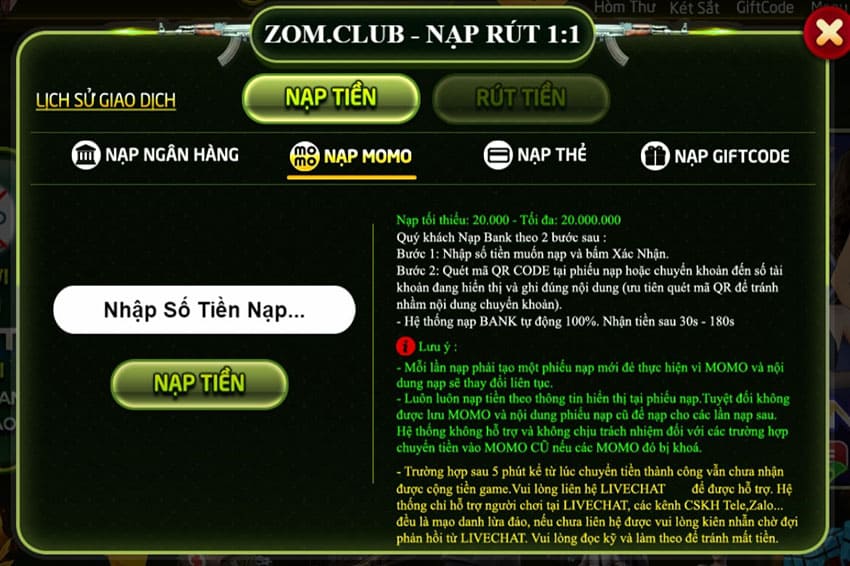 cách nạp tiền zomclub 3